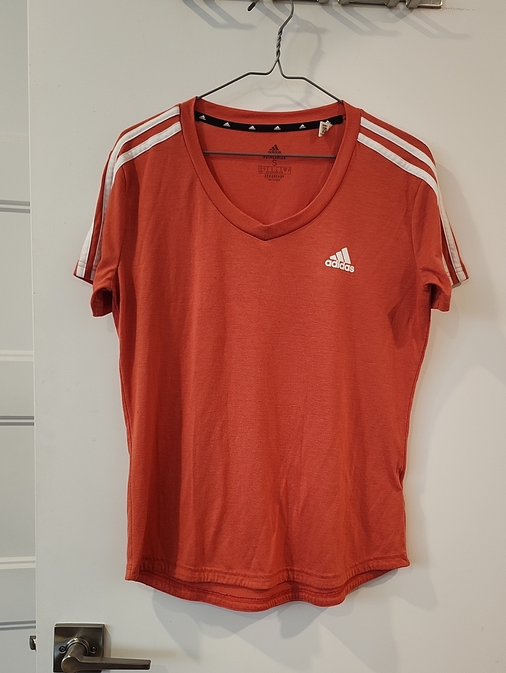 P2P 19.5" Adidas Orange V-Neck Tee with White Shoulder Stripes